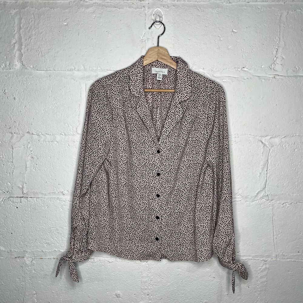 Topshop Women's Micro Leopard Satin Tie Cuff Button Shirt Size 6